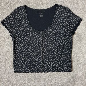 American Eagle Shirt Womens Large Black White Floral Soft Sexy Rib Short Sleeve